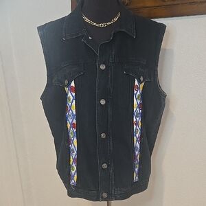 Women's Black Denim Vest with Colorful Pattern
